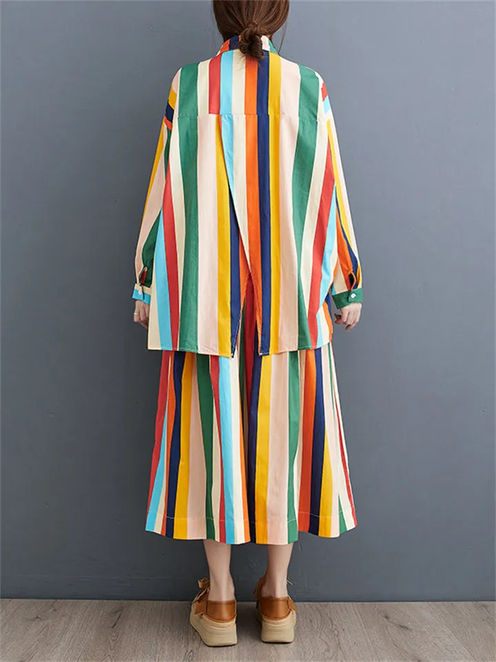 Rainbow Stripes Irregular Hem Lapel Shirt   Swing Skirt for Women