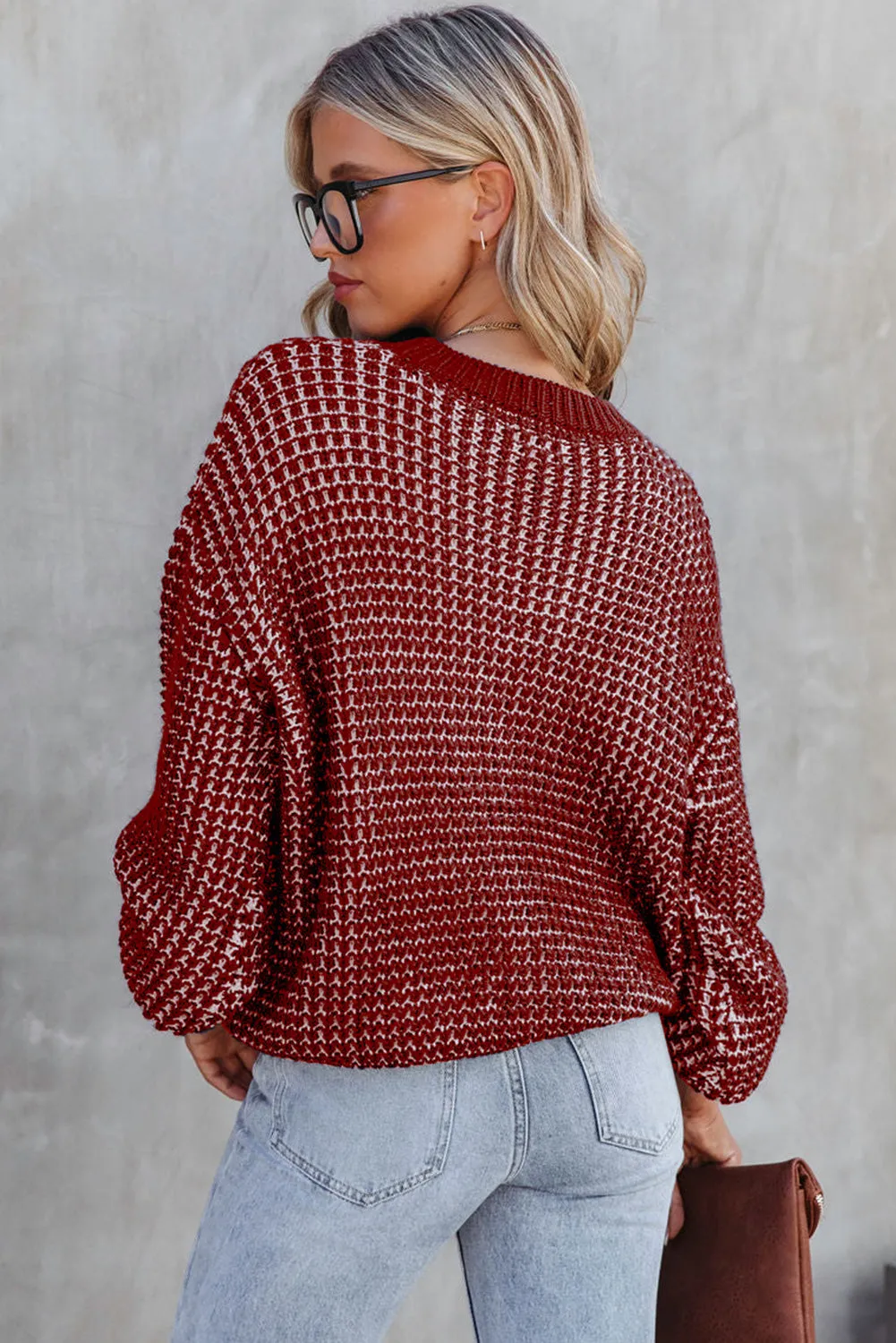 Red Heathered Knit Drop Shoulder Puff Sleeve Sweater