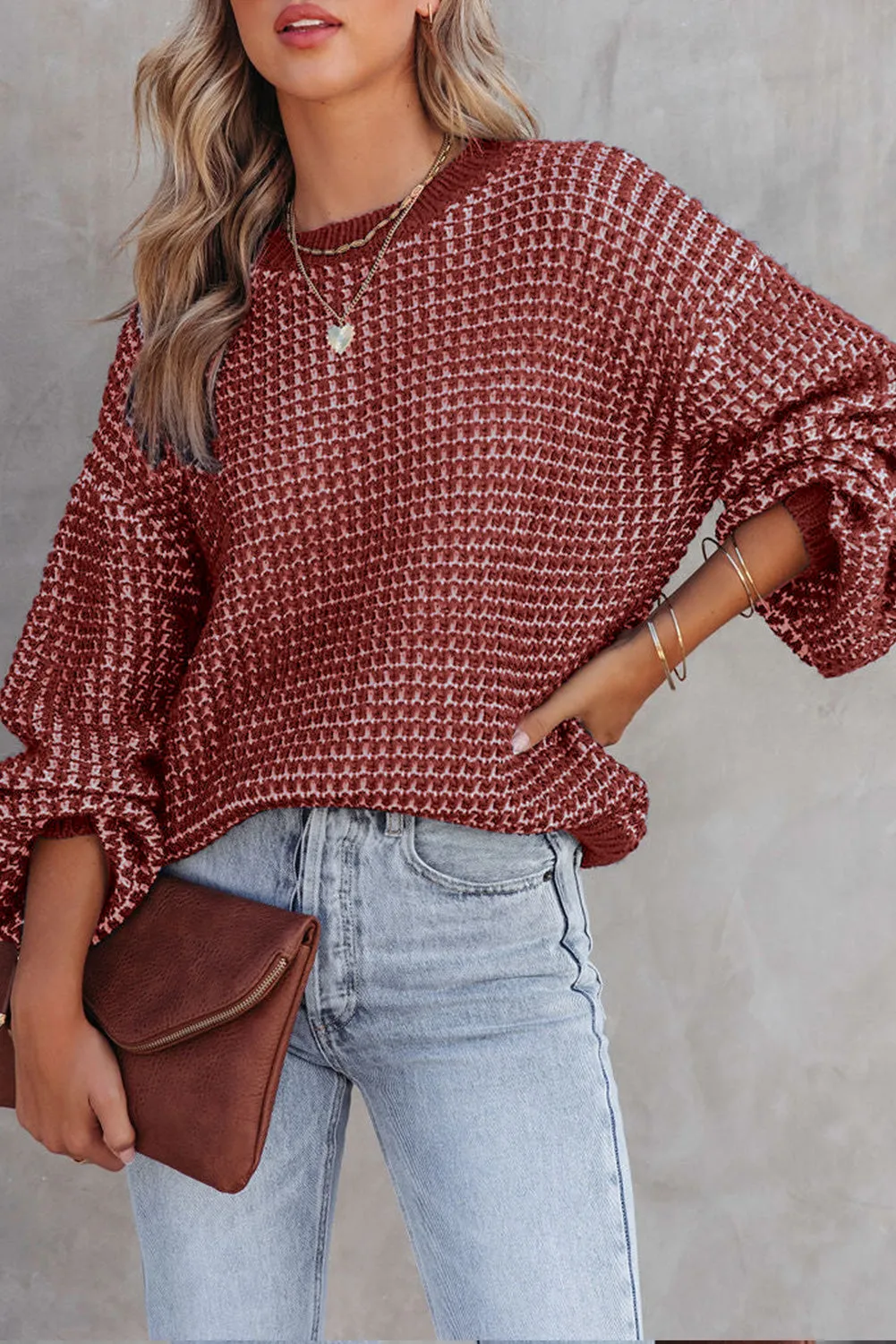 Red Heathered Knit Drop Shoulder Puff Sleeve Sweater