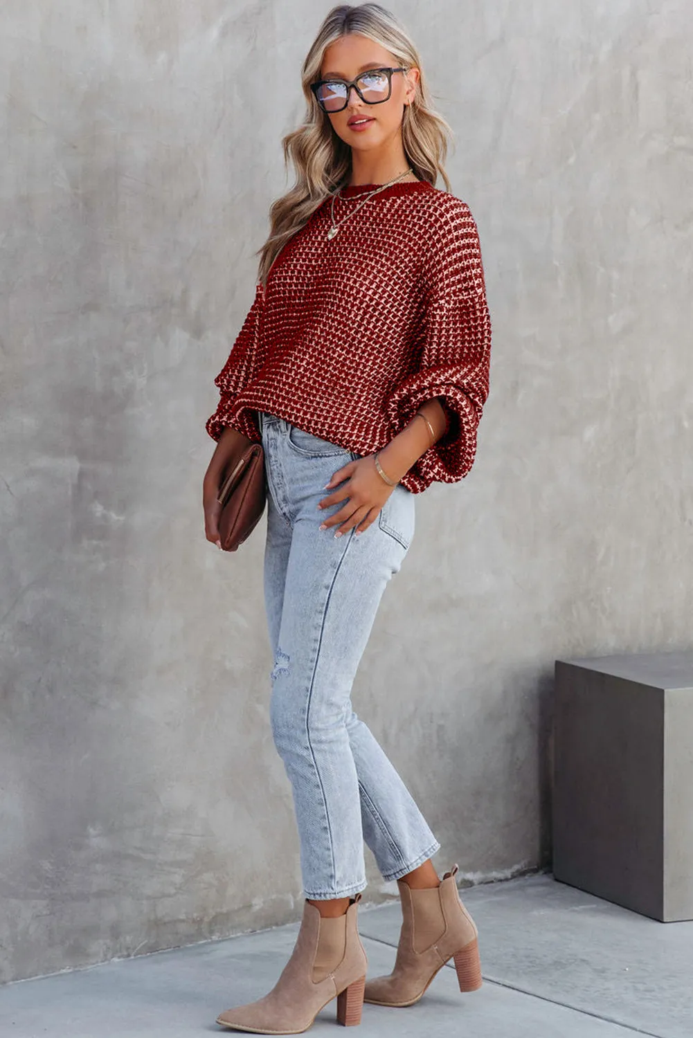 Red Heathered Knit Drop Shoulder Puff Sleeve Sweater