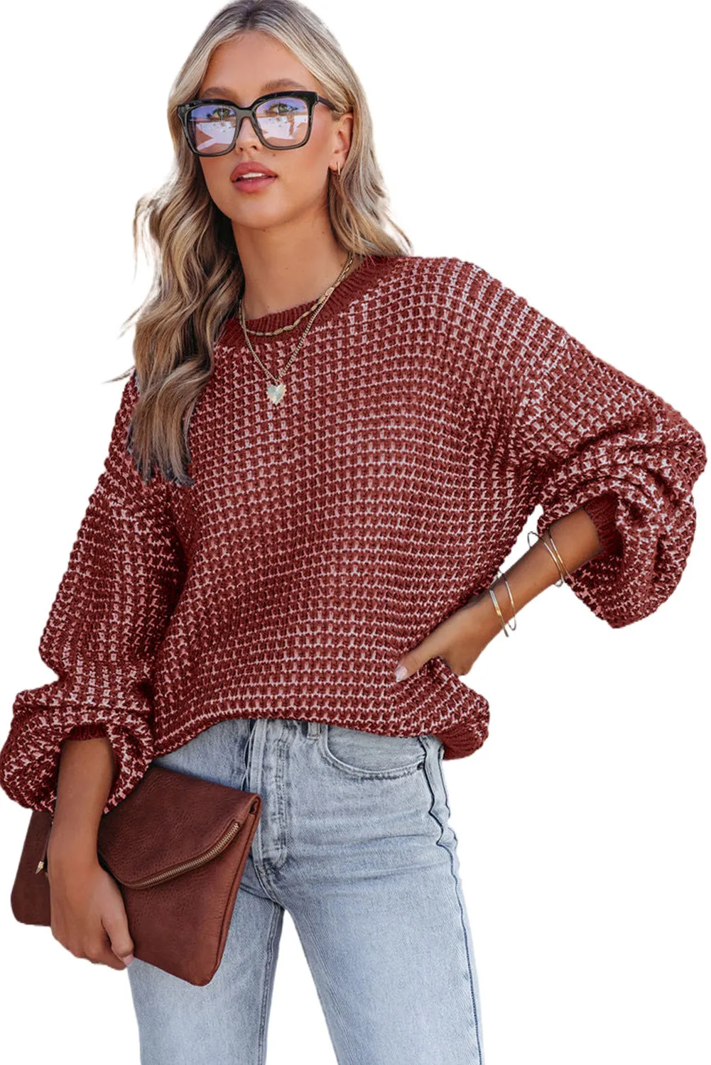 Red Heathered Knit Drop Shoulder Puff Sleeve Sweater