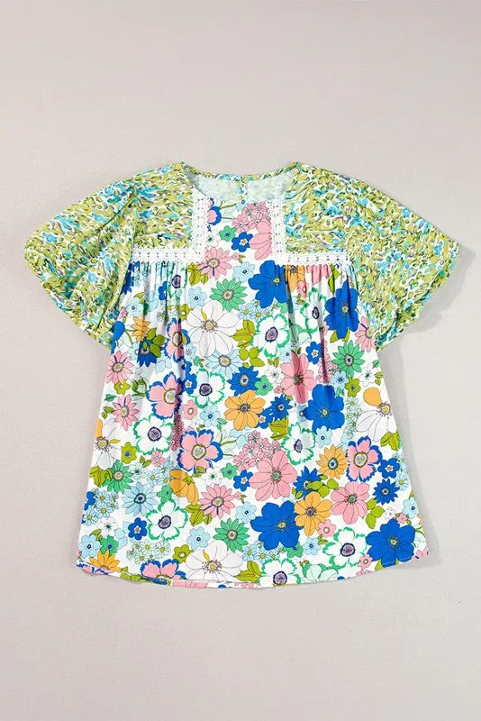 Retro Bubble Sleeve Lace Panel Green Tunic Blouse