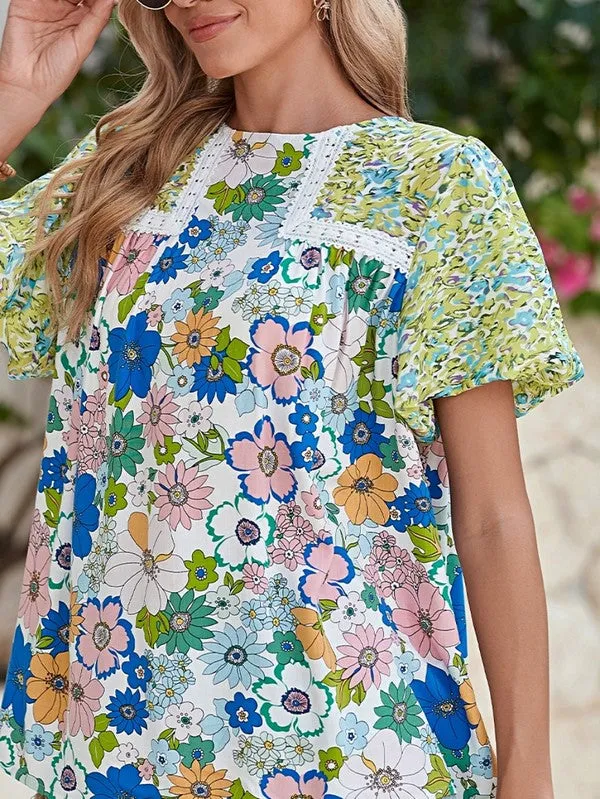 Retro Bubble Sleeve Lace Panel Green Tunic Blouse