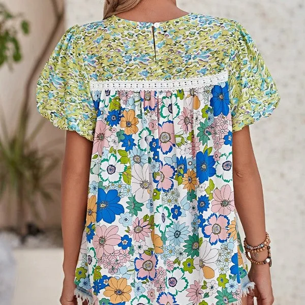 Retro Bubble Sleeve Lace Panel Green Tunic Blouse