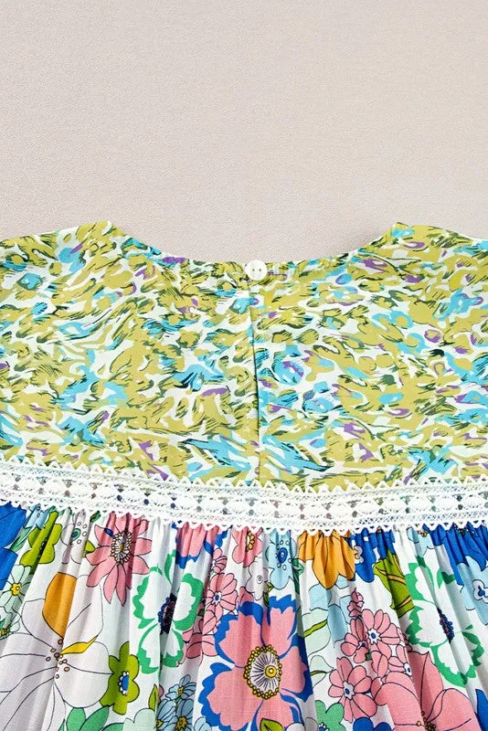 Retro Bubble Sleeve Lace Panel Green Tunic Blouse