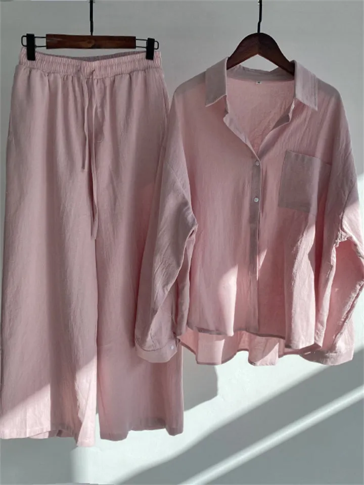 Retro Lapel Long Sleeve Shirts 2-Piece Sets