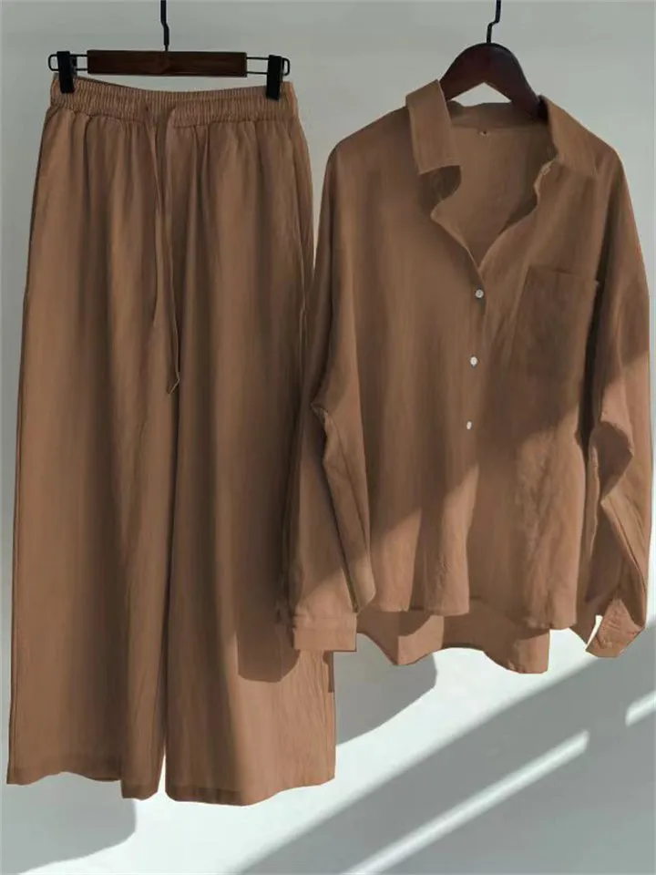 Retro Lapel Long Sleeve Shirts 2-Piece Sets