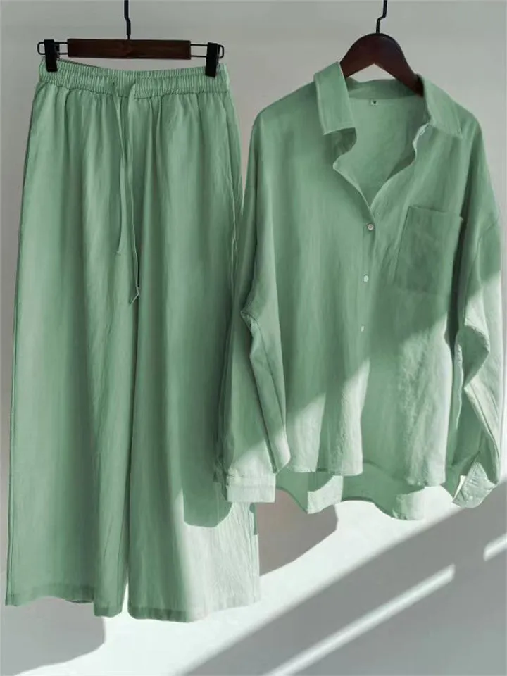Retro Lapel Long Sleeve Shirts 2-Piece Sets