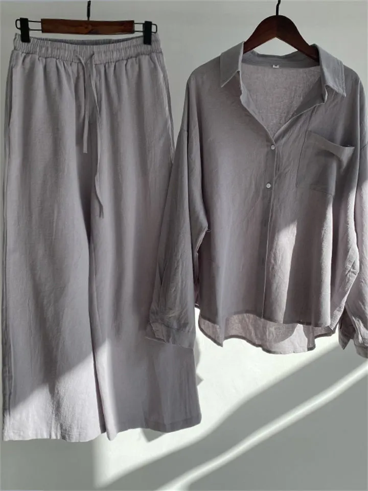 Retro Lapel Long Sleeve Shirts 2-Piece Sets