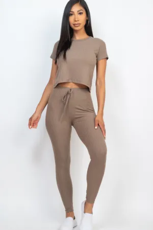 RIBBED SHORT SLEEVE TOP AND LEGGINGS SET
