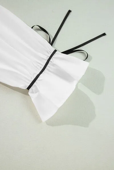 Ribbon Bowtie Collared Neck Flounce Sleeve Shirt