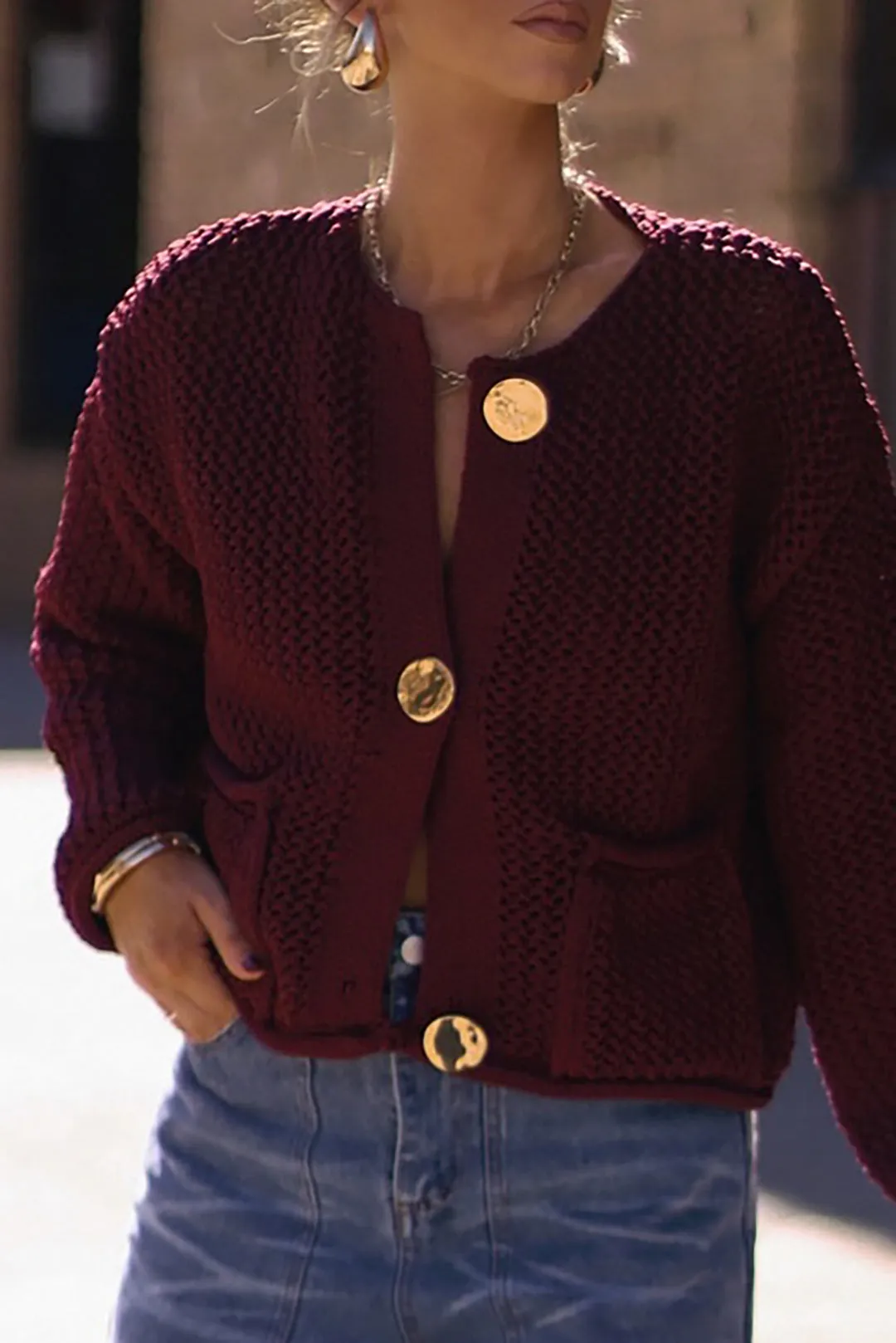 Riley - Elegant Button Detailing Woman's Patchwork Pocket Cardigan