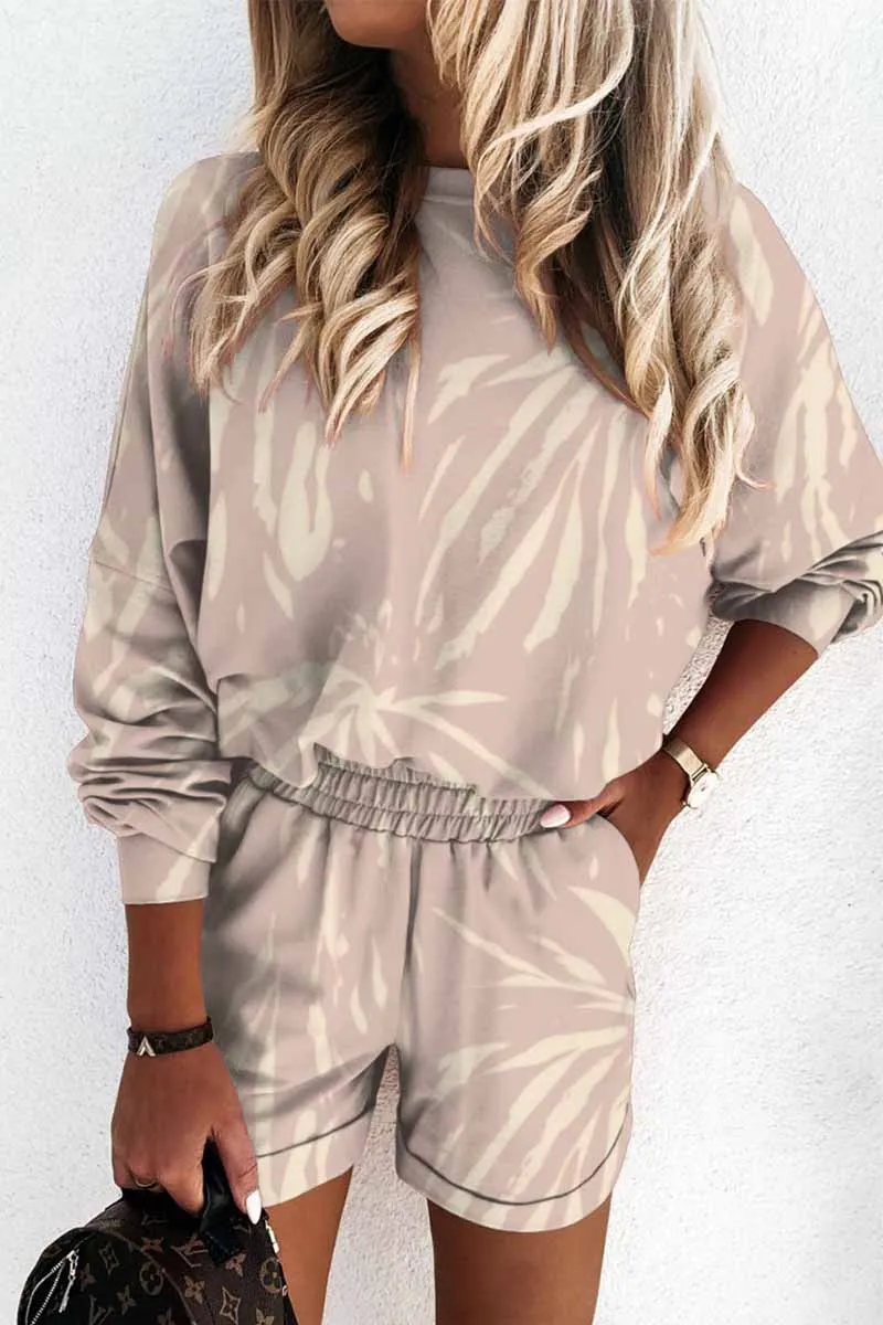 Round Neck Long Sleeve Solid Color Tie-Dye Two-Piece Suit Tops