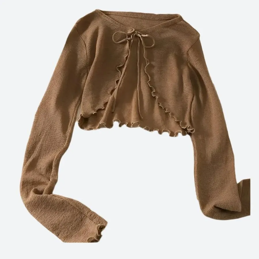 Ruffle Trim Cropped Tie-Front Cardigans