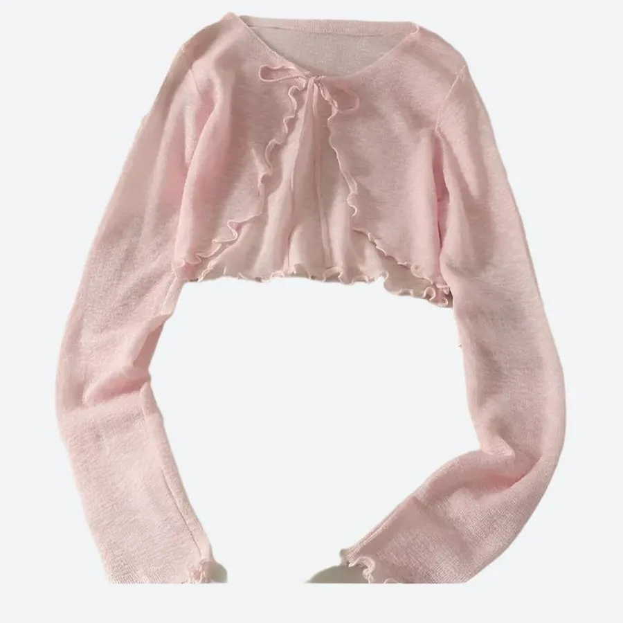 Ruffle Trim Cropped Tie-Front Cardigans