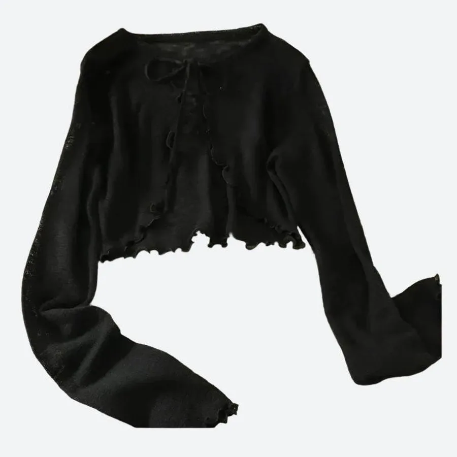 Ruffle Trim Cropped Tie-Front Cardigans
