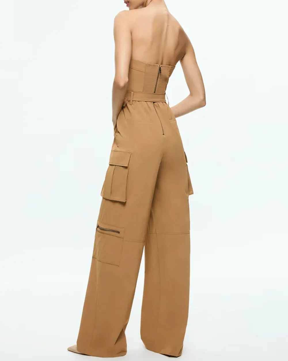 Sachiko Strapless Cargo Jumpsuit in Tan