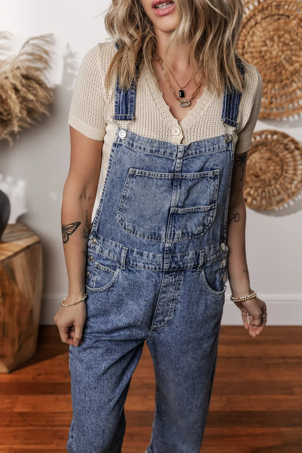Sail Blue Denim Bib Straight Leg Jumpsuit with Pockets