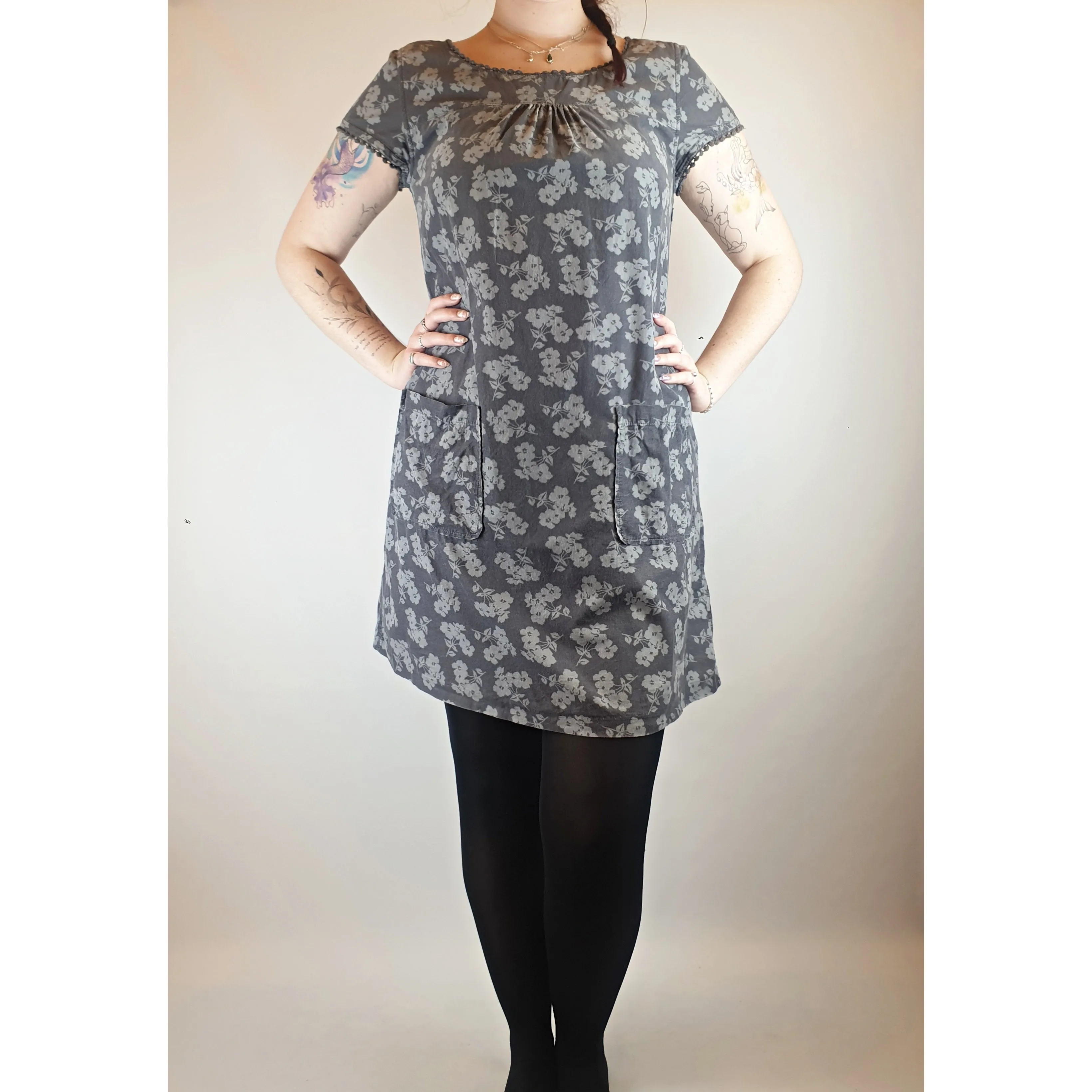 Seasalt grey fine cord dress with subtle lighter grey floral print size 14 (best fits size 12)