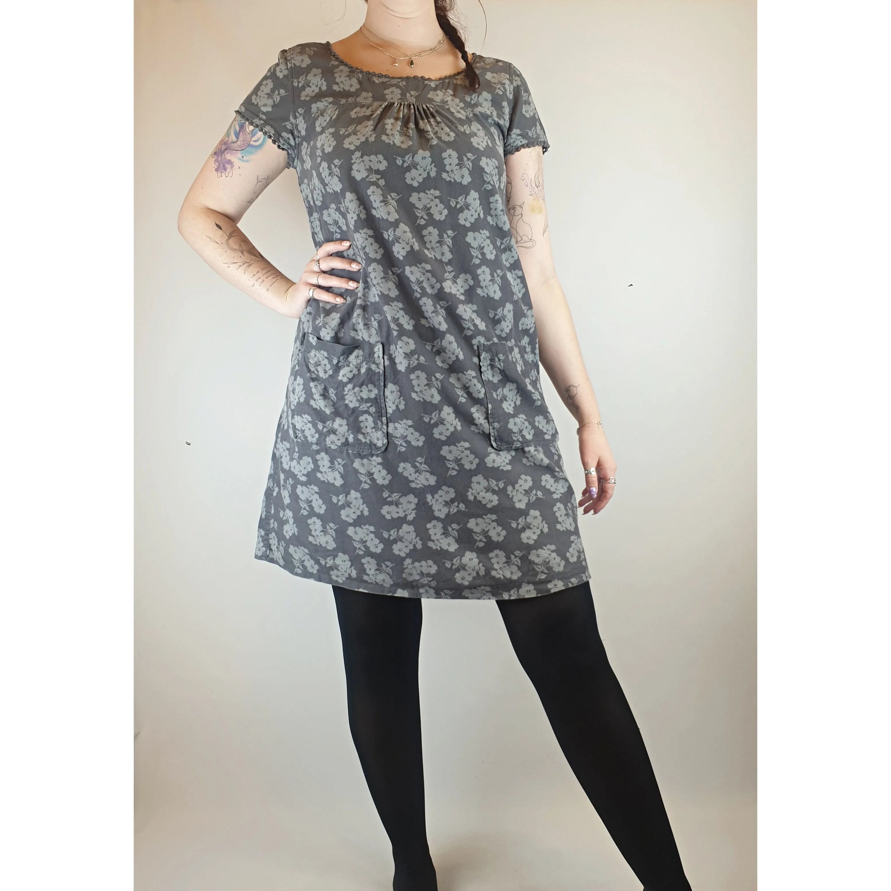 Seasalt grey fine cord dress with subtle lighter grey floral print size 14 (best fits size 12)