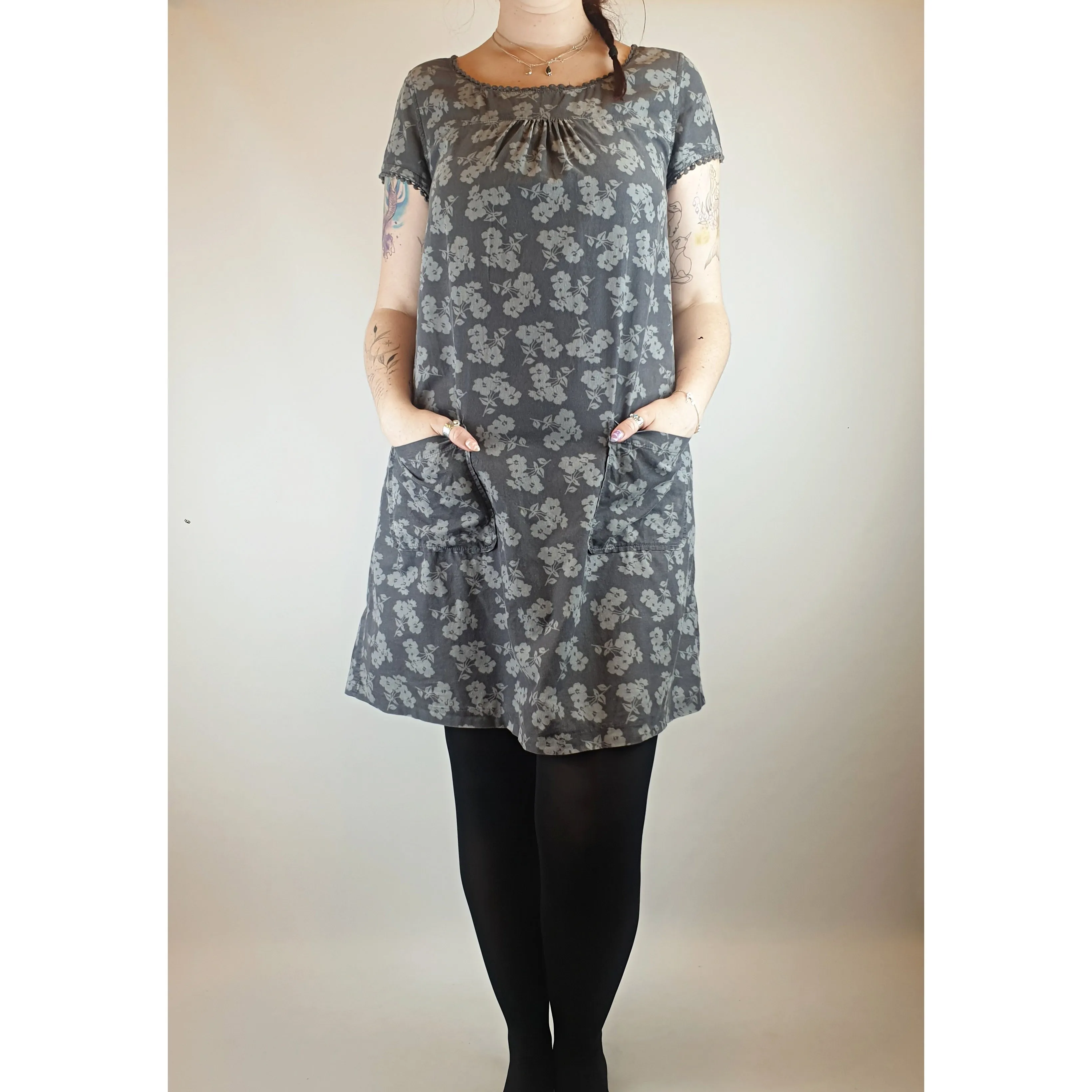 Seasalt grey fine cord dress with subtle lighter grey floral print size 14 (best fits size 12)