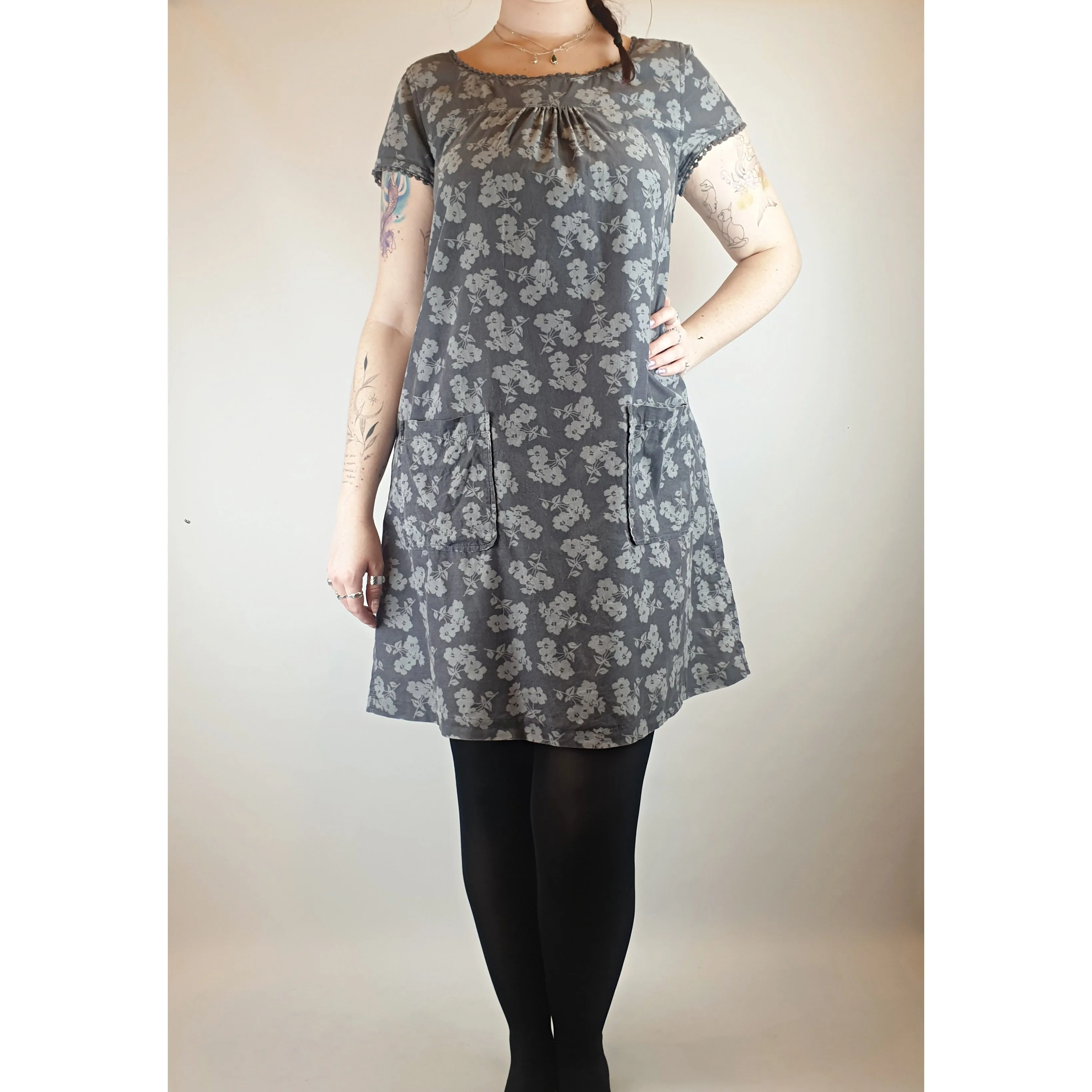 Seasalt grey fine cord dress with subtle lighter grey floral print size 14 (best fits size 12)