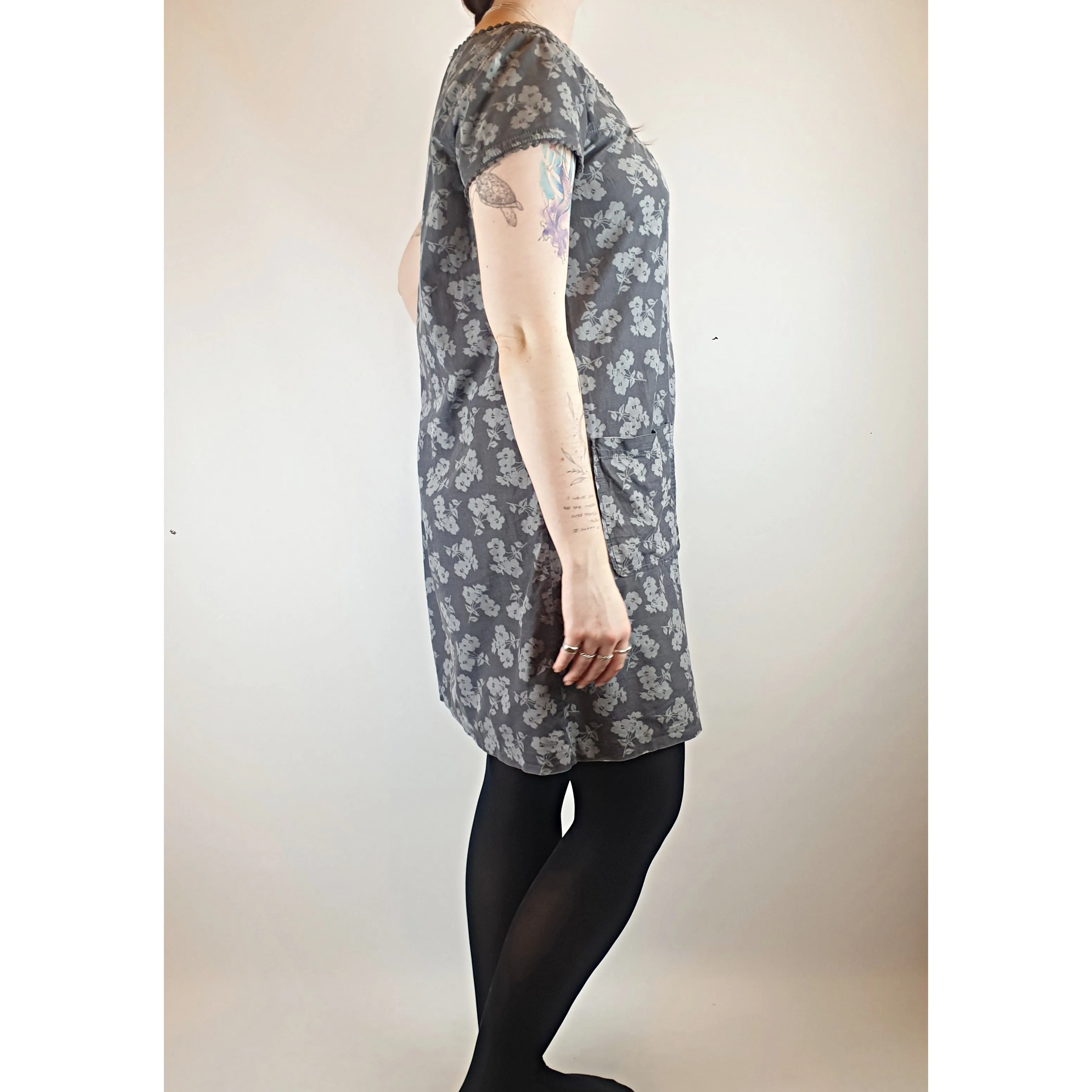 Seasalt grey fine cord dress with subtle lighter grey floral print size 14 (best fits size 12)