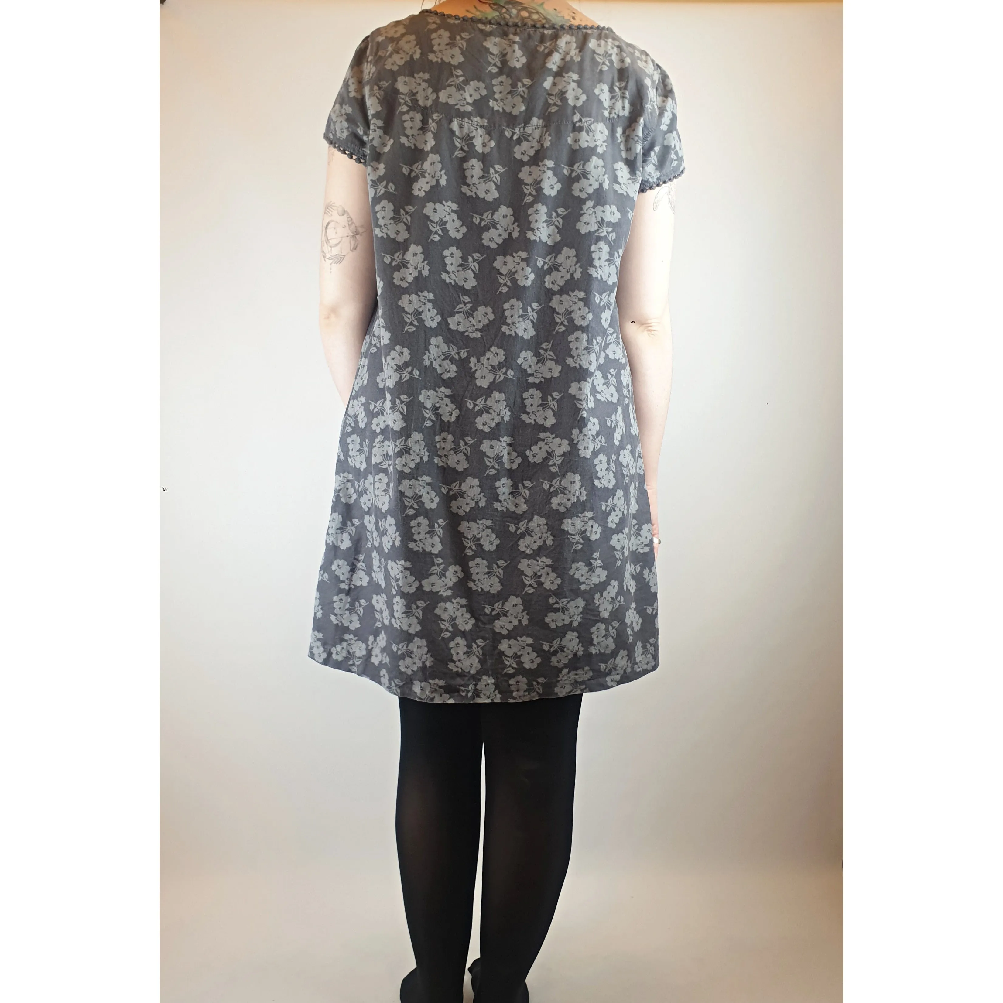 Seasalt grey fine cord dress with subtle lighter grey floral print size 14 (best fits size 12)