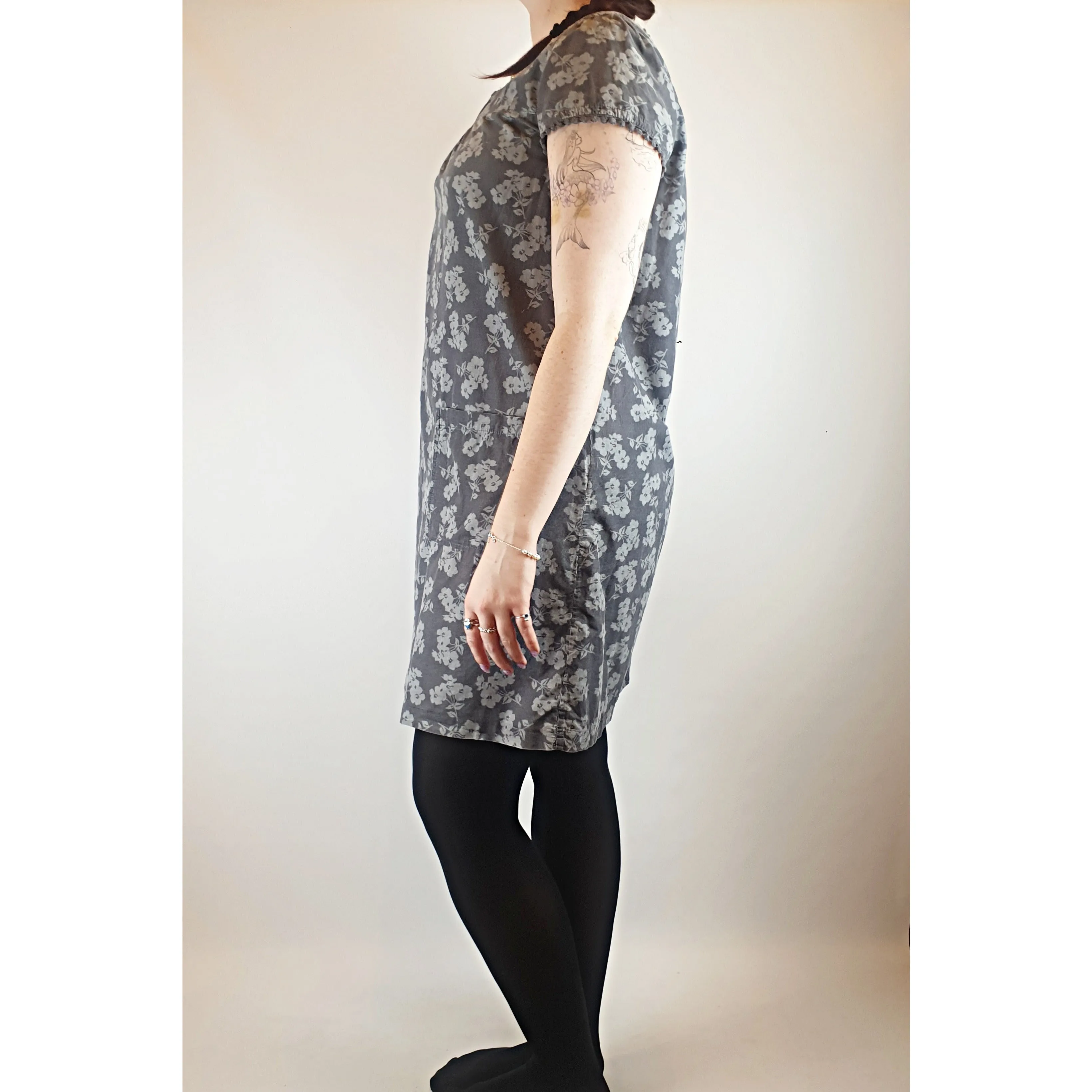 Seasalt grey fine cord dress with subtle lighter grey floral print size 14 (best fits size 12)