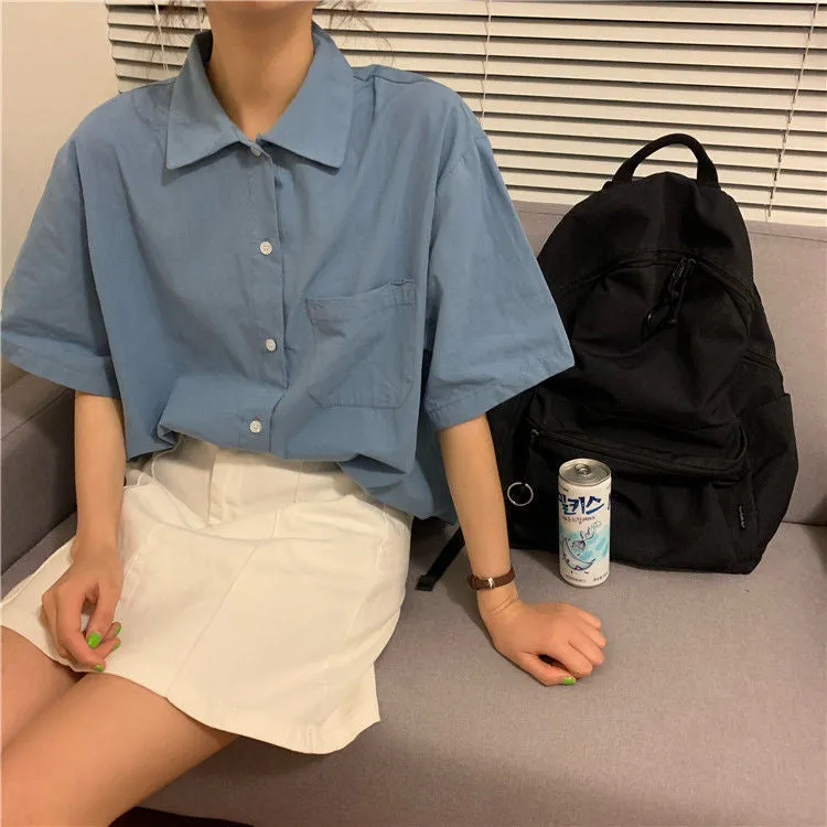 Short Sleeve Loose Basic Blouse Shirt