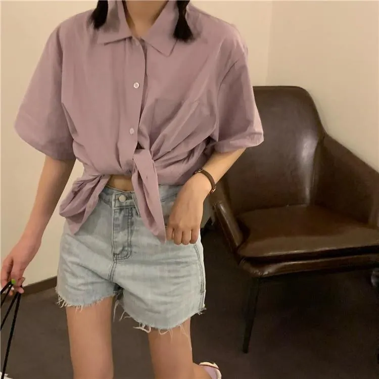 Short Sleeve Loose Basic Blouse Shirt