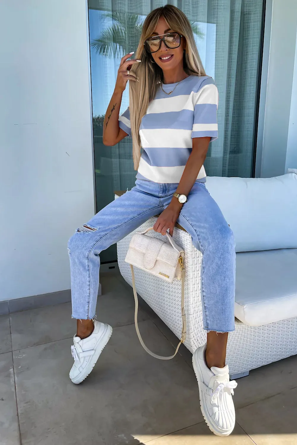 Sky Blue Stripe Colorblock Striped Knitted T shirt