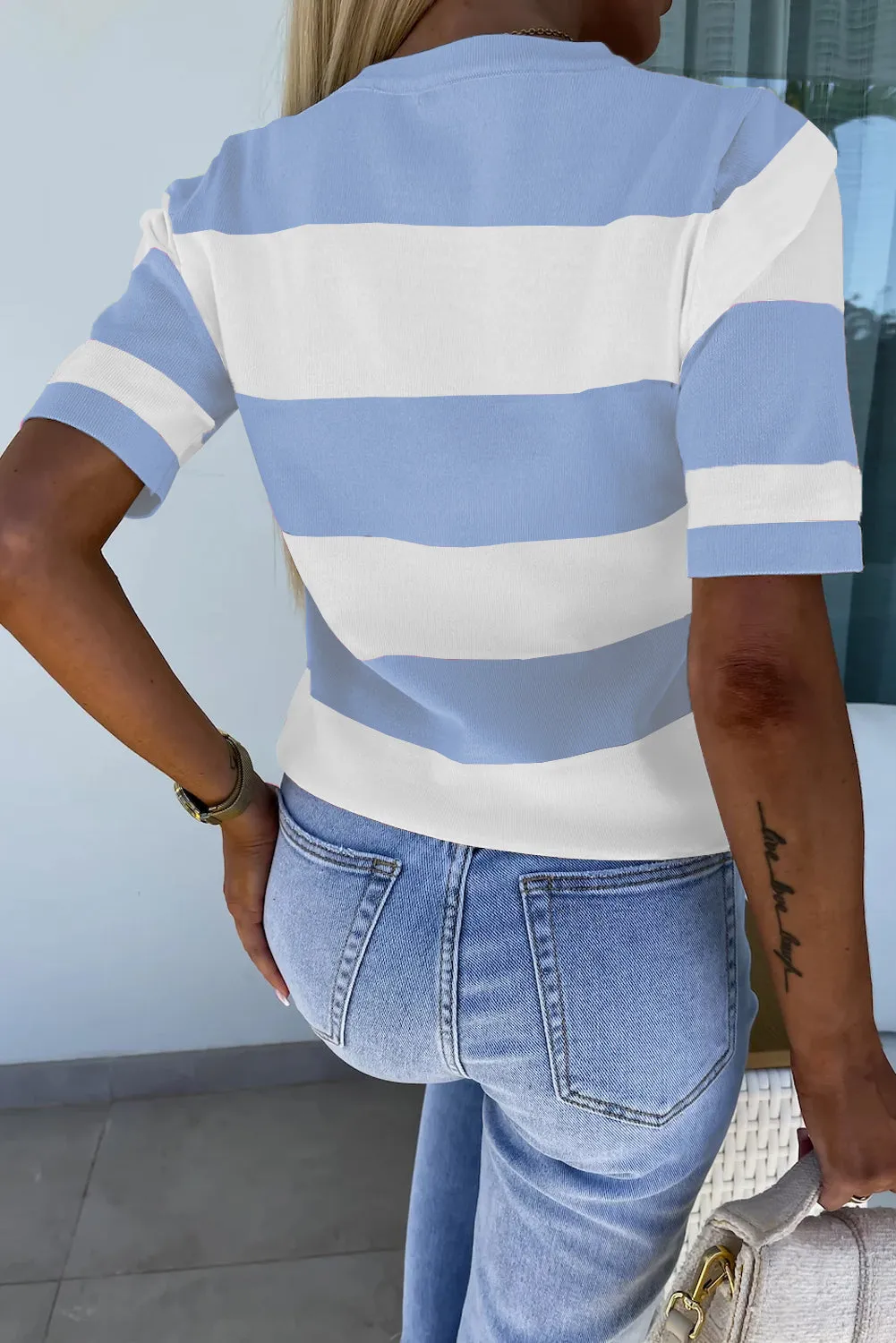 Sky Blue Stripe Colorblock Striped Knitted T shirt