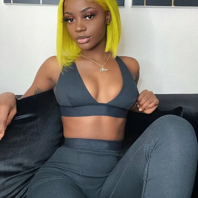 Sleeveless V-Neck Crop Tops Leggings 2 Pieces Set Winter Women Fashion Streetwear Outfits Sportswear Tracksuit