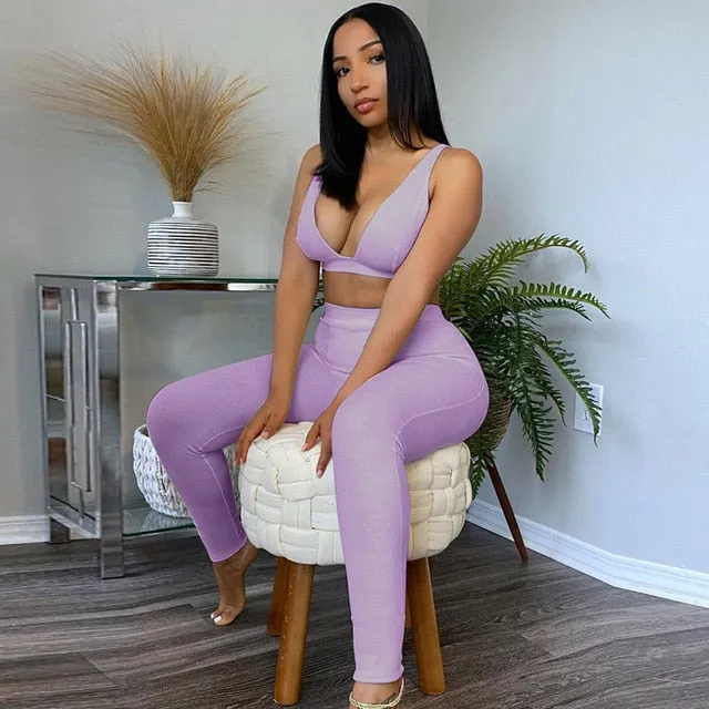 Sleeveless V-Neck Crop Tops Leggings 2 Pieces Set Winter Women Fashion Streetwear Outfits Sportswear Tracksuit