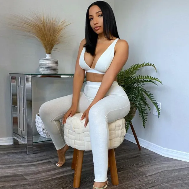 Sleeveless V-Neck Crop Tops Leggings 2 Pieces Set Winter Women Fashion Streetwear Outfits Sportswear Tracksuit