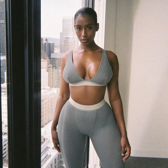 Sleeveless V-Neck Crop Tops Leggings 2 Pieces Set Winter Women Fashion Streetwear Outfits Sportswear Tracksuit