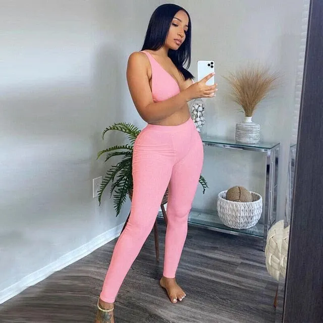 Sleeveless V-Neck Crop Tops Leggings 2 Pieces Set Winter Women Fashion Streetwear Outfits Sportswear Tracksuit