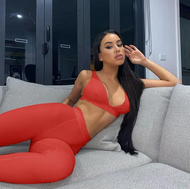Sleeveless V-Neck Crop Tops Leggings 2 Pieces Set Winter Women Fashion Streetwear Outfits Sportswear Tracksuit
