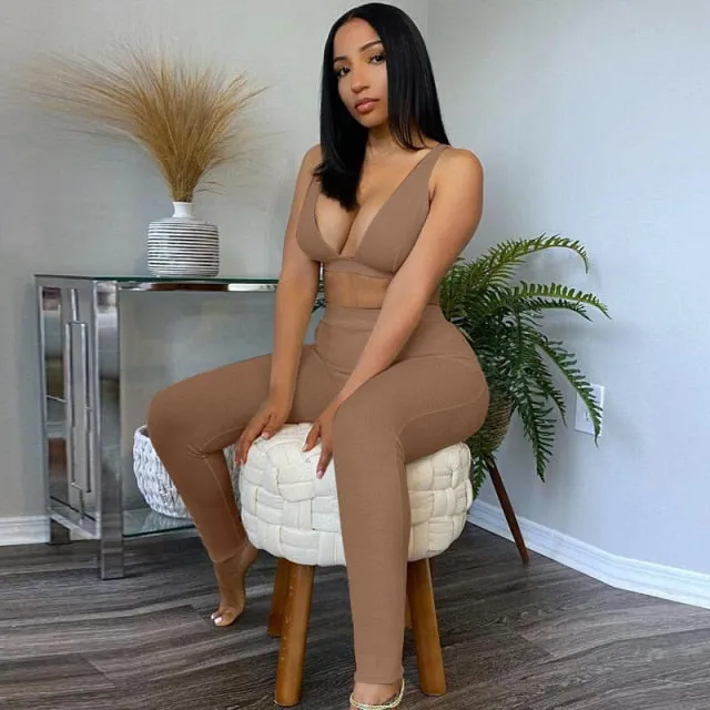 Sleeveless V-Neck Crop Tops Leggings 2 Pieces Set Winter Women Fashion Streetwear Outfits Sportswear Tracksuit
