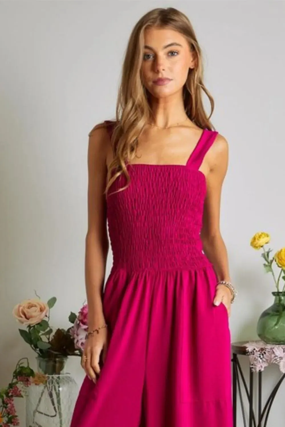 Smocking Top Magenta Wide Leg Jumpsuit