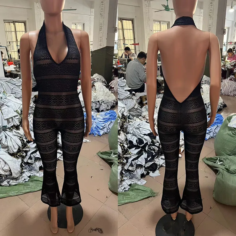 Solid color lace cut-out skinny sexy casual jumpsuit AY3556