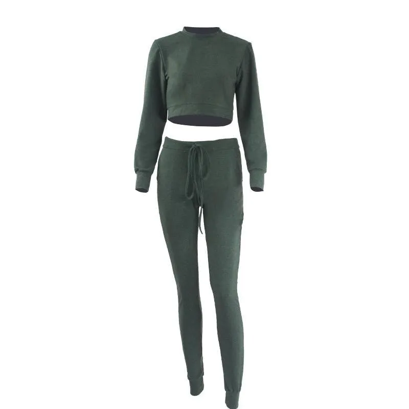 Solid Color Long Sleeve Bodycon Round Neck Two Pieces Outfits Crop Top Long Pants Women Rompers and Jumpsuits
