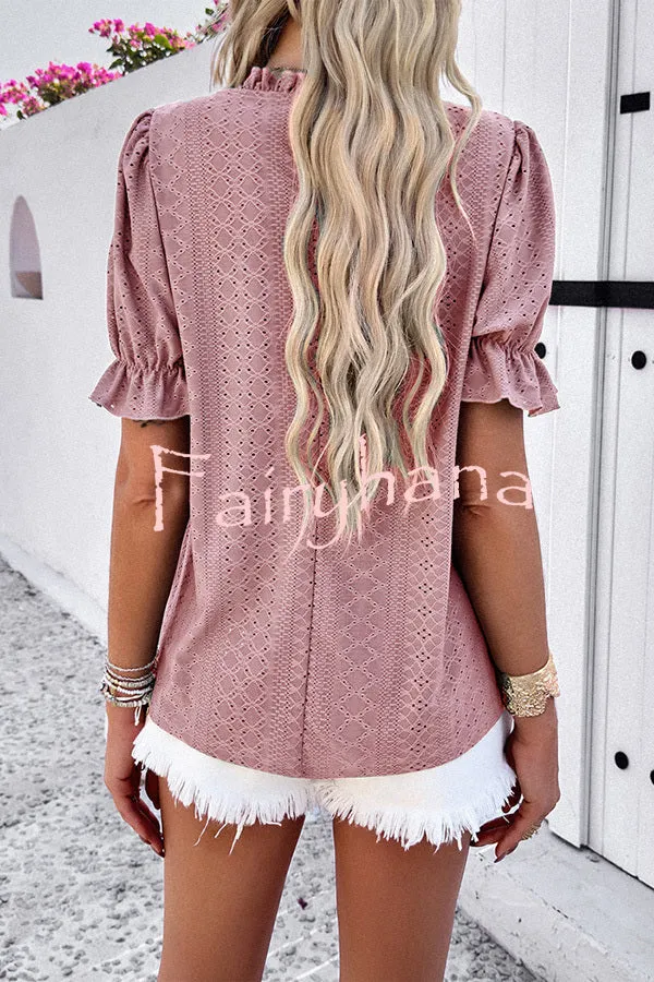 Solid Color Short Sleeved Patchwork Hollow Pleated Shirt