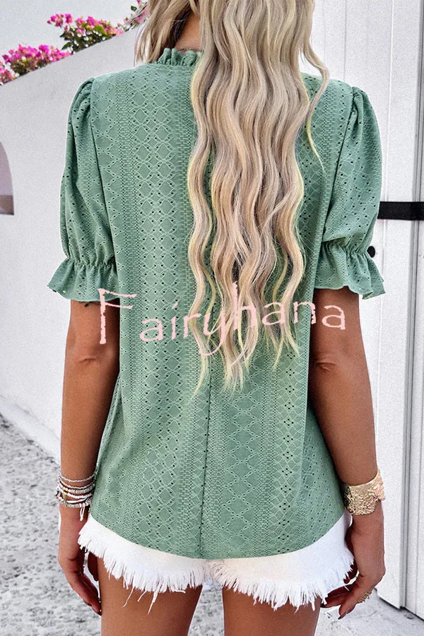Solid Color Short Sleeved Patchwork Hollow Pleated Shirt