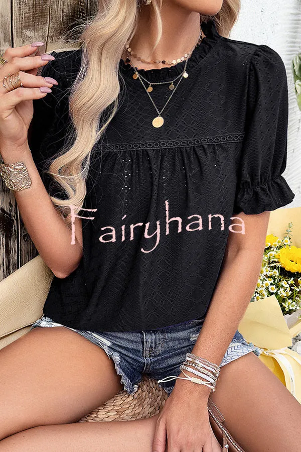 Solid Color Short Sleeved Patchwork Hollow Pleated Shirt