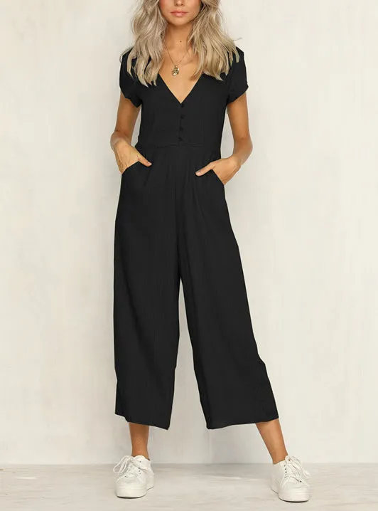 Solid Color V-neck Jumpsuit