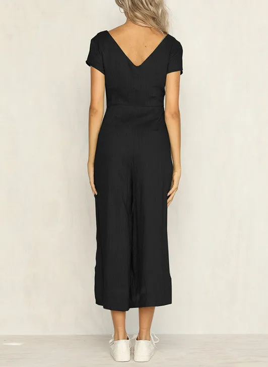 Solid Color V-neck Jumpsuit