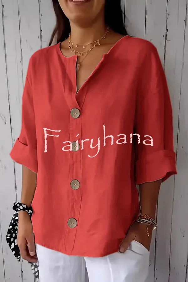 Solid Color V-neck Loose Button Top