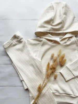 Striped Rib Knit Hoodie - Beige
